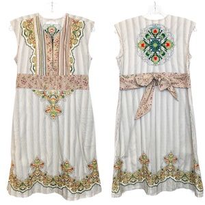 Johnny Was Cream Striped Embroidered Boho Dress with Floral Sash